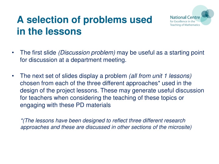 a selection of problems used in the lessons