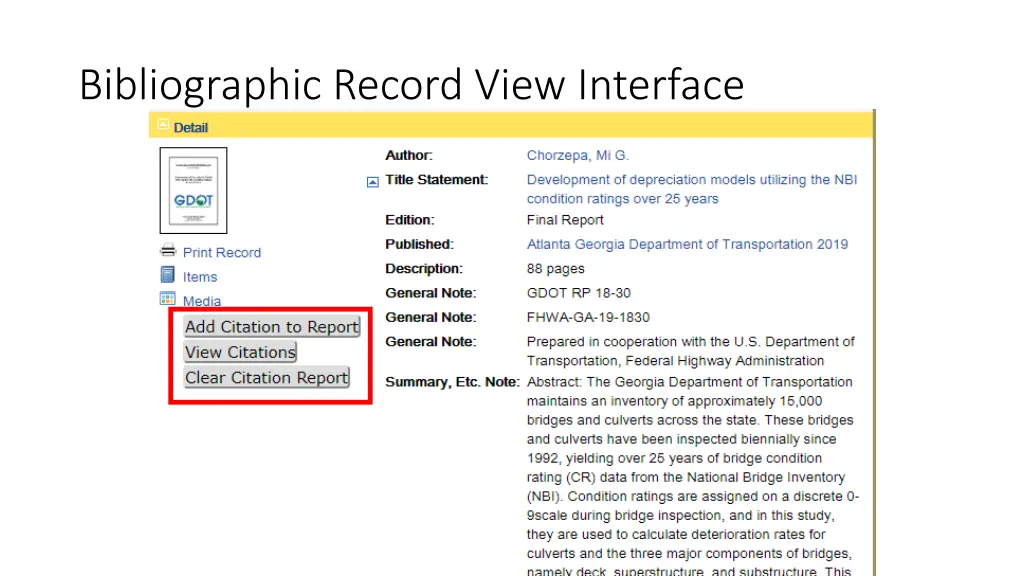 bibliographic record view interface