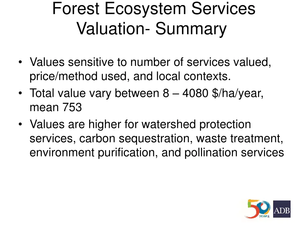 forest ecosystem services valuation summary