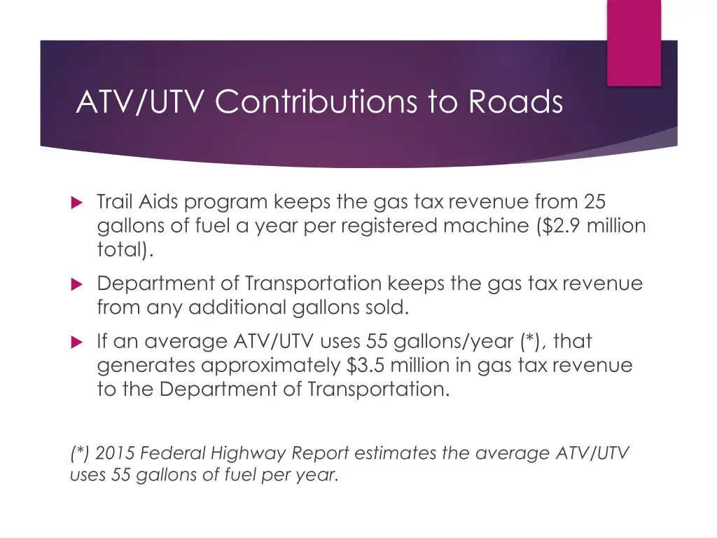 atv utv contributions to roads