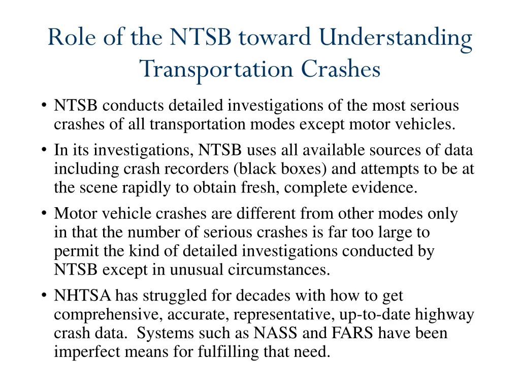 role of the ntsb toward understanding