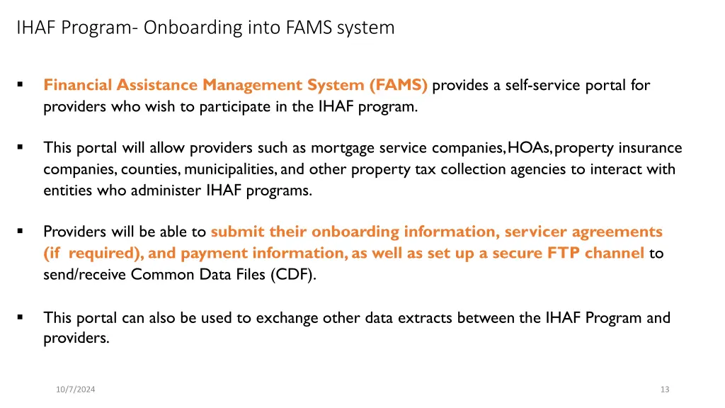 ihaf program onboarding into fams system