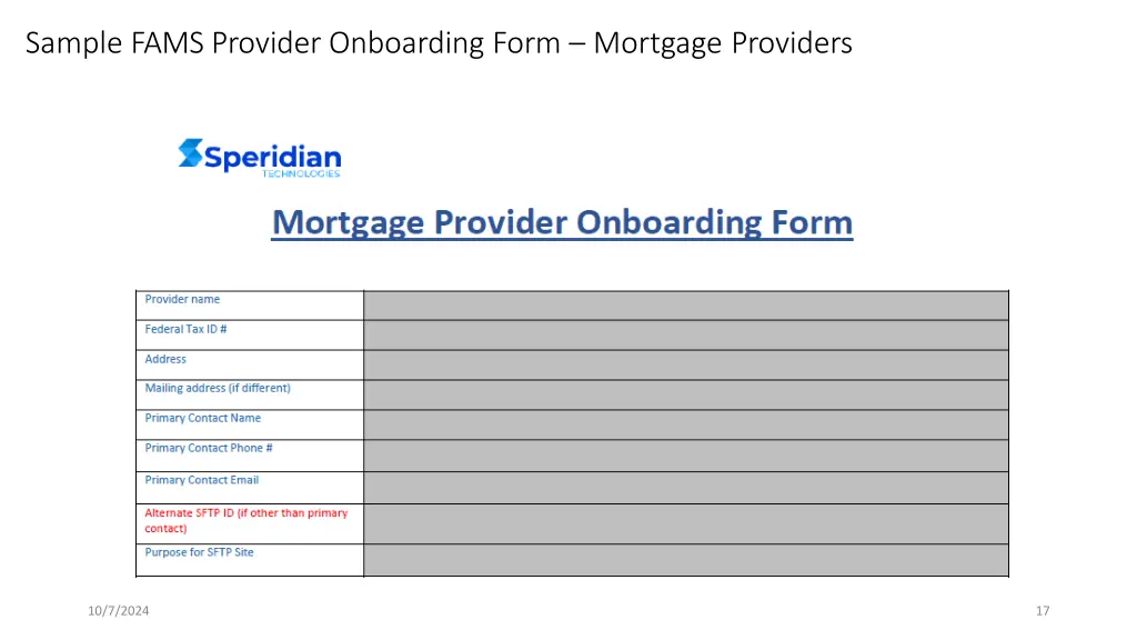 sample fams provider onboarding form mortgage