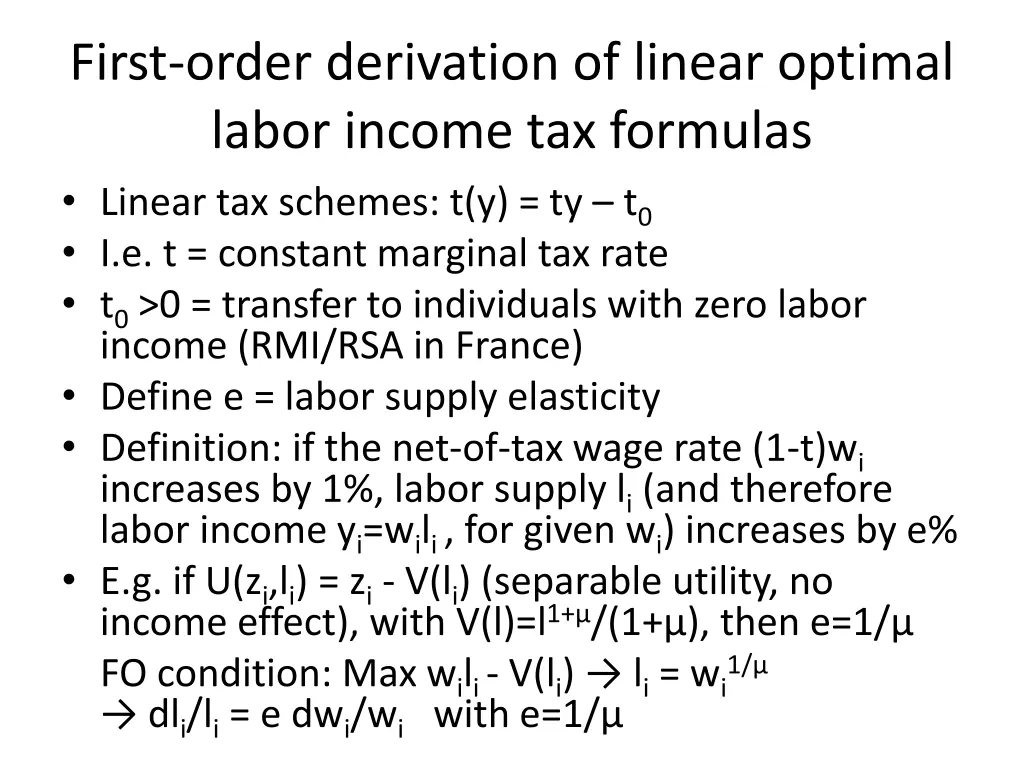 first order derivation of linear optimal labor