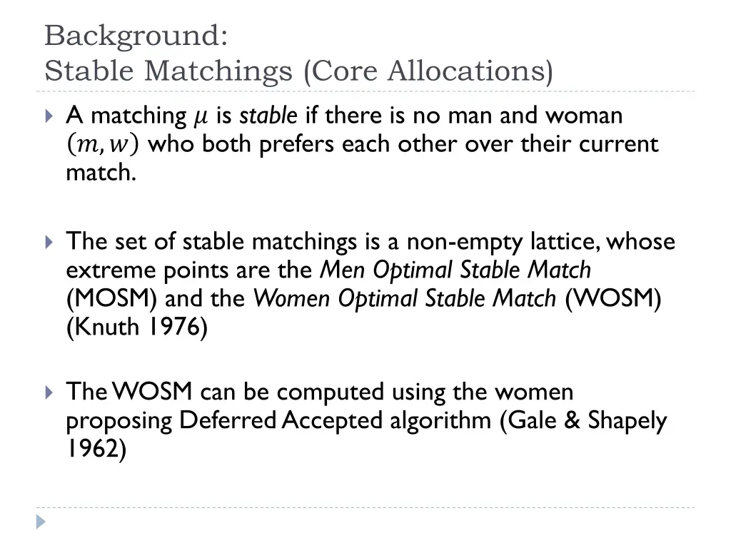 background stable matchings core allocations