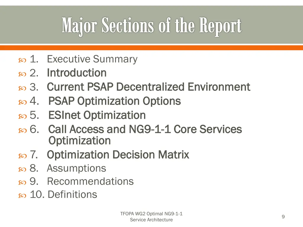 major sections of the report