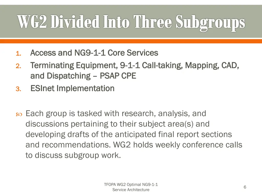 wg2 divided into three subgroups