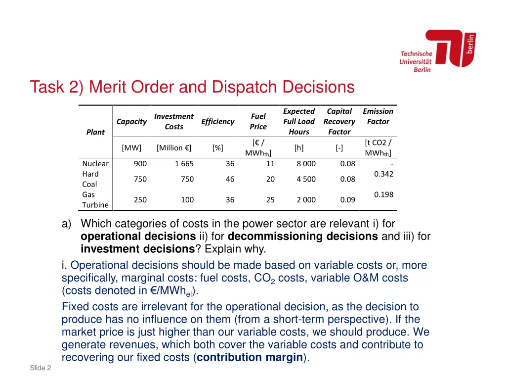 task 2 merit order and dispatch decisions