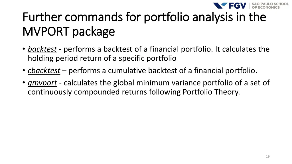 further commands for portfolio analysis