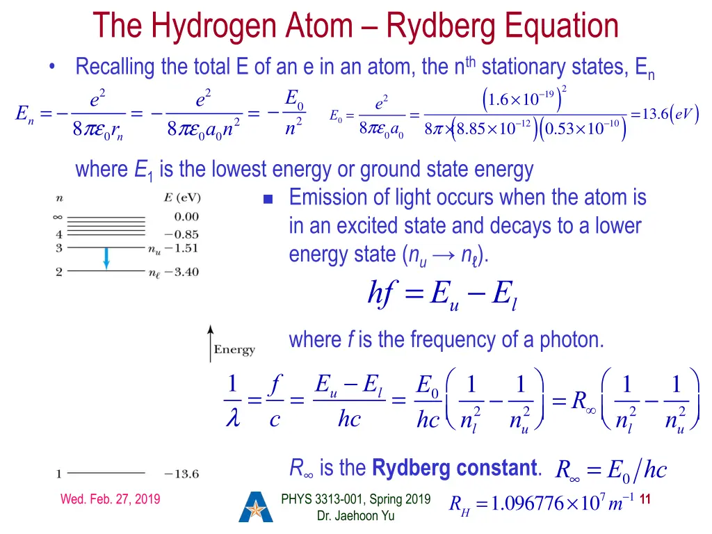 the hydrogen atom rydberg equation recalling