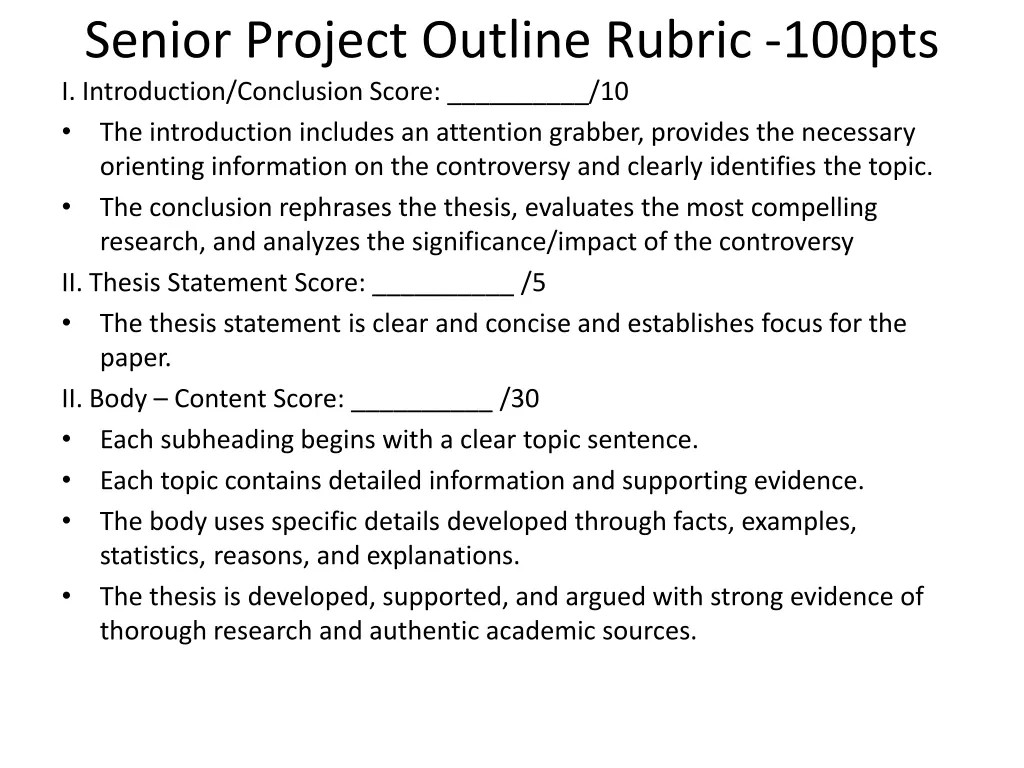 senior project outline rubric 100pts