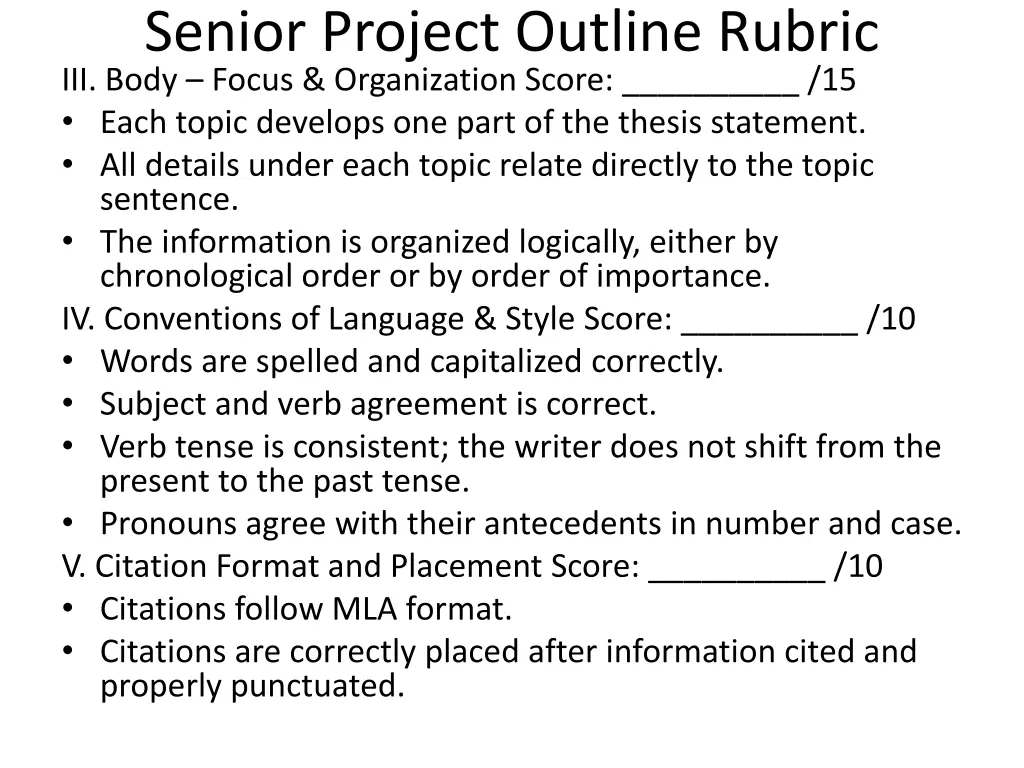 senior project outline rubric iii body focus