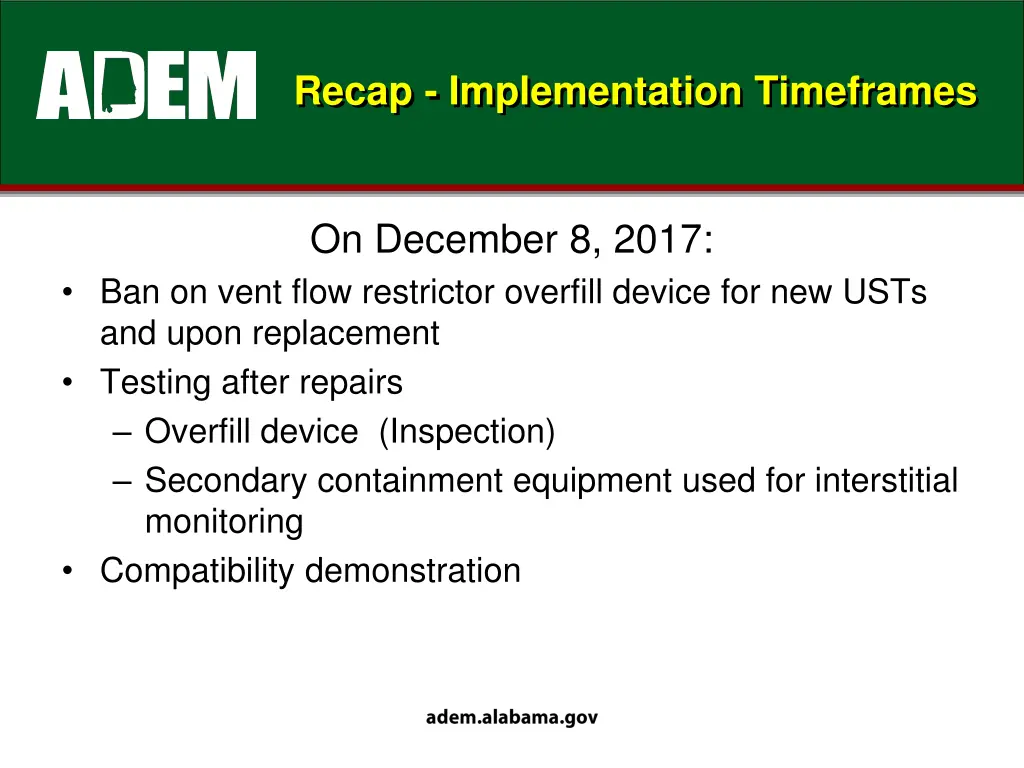 recap implementation timeframes