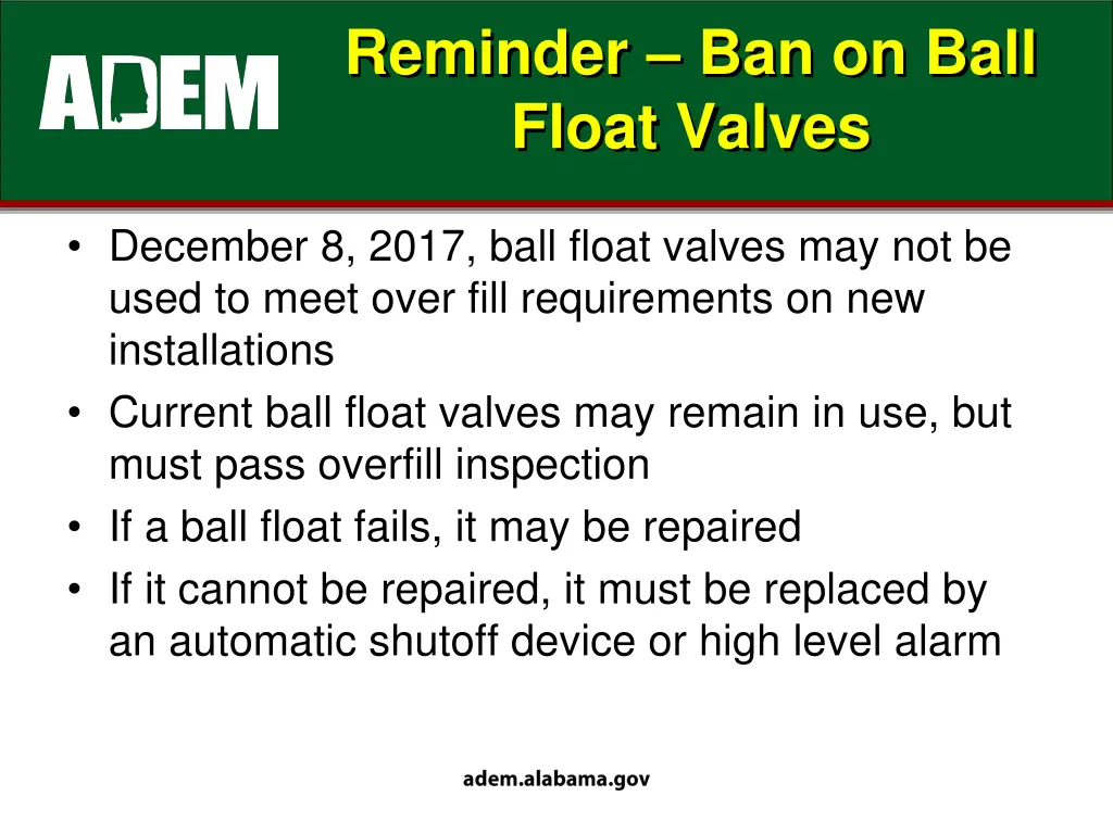 reminder ban on ball float valves