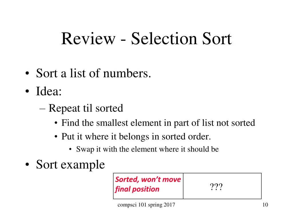 review selection sort