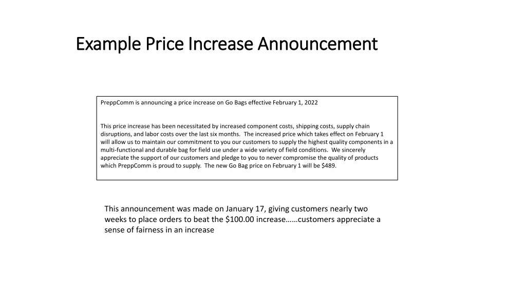 example price increase announcement example price