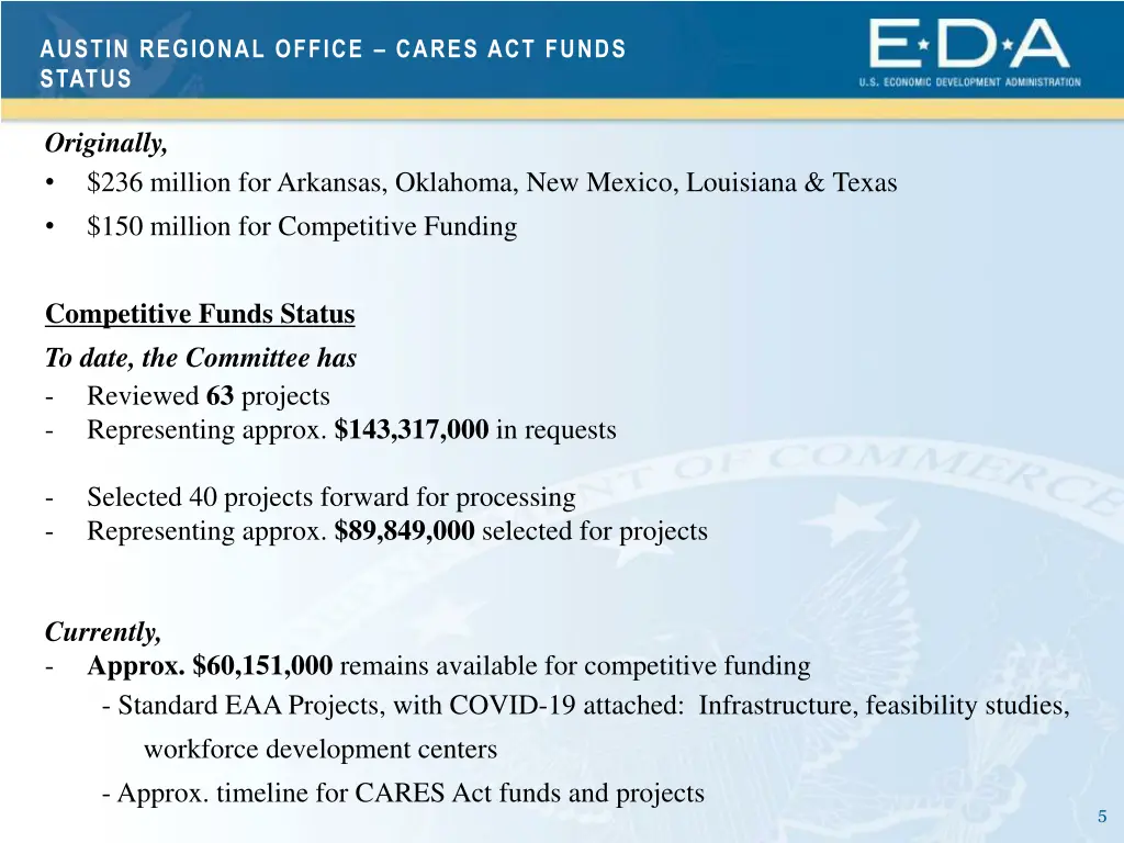 austin regional office cares act funds status