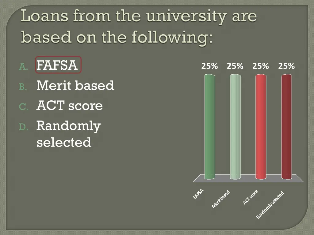 a fafsa b merit based c act score d randomly