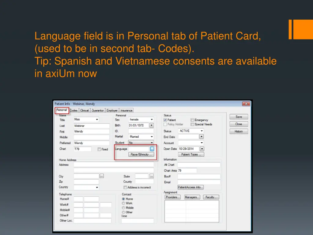 language field is in personal tab of patient card