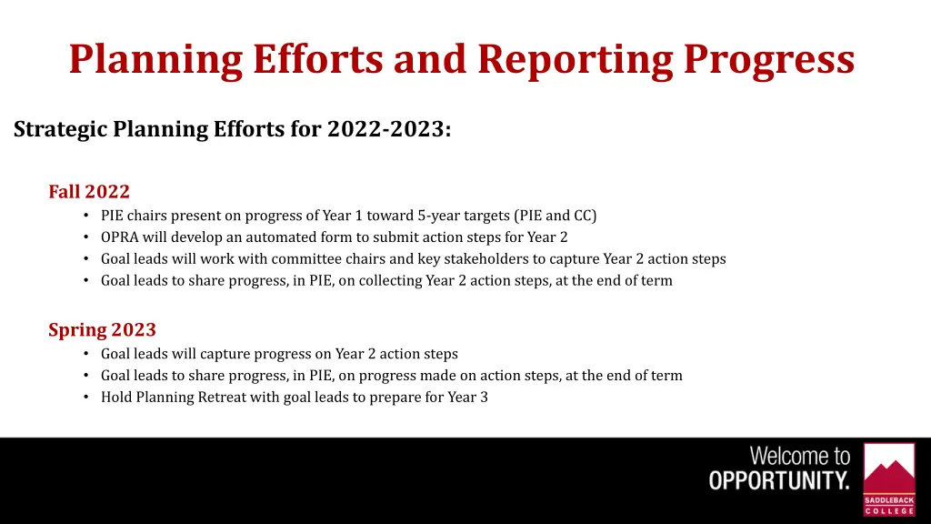 planning efforts and reporting progress