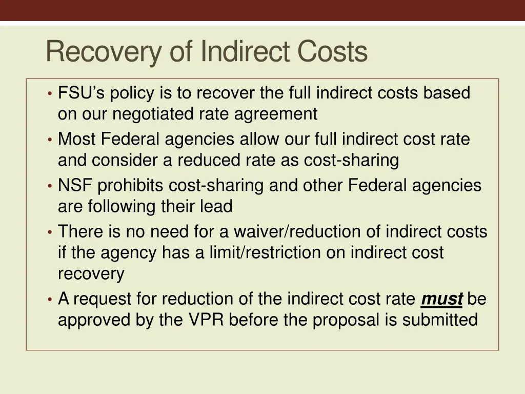 recovery of indirect costs