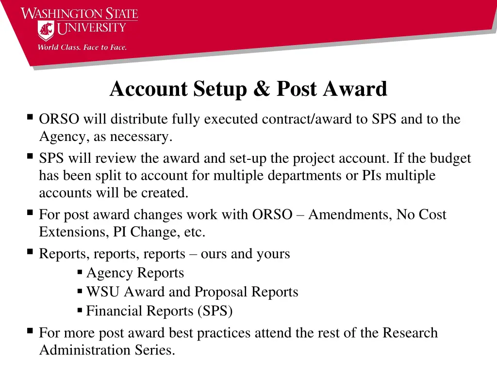 account setup post award orso will distribute