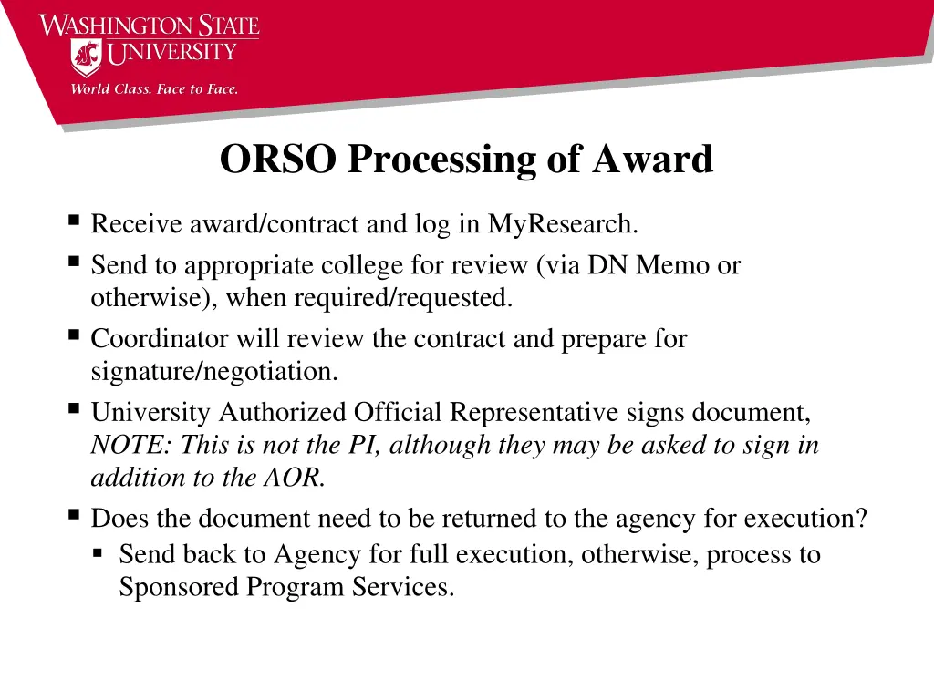 orso processing of award