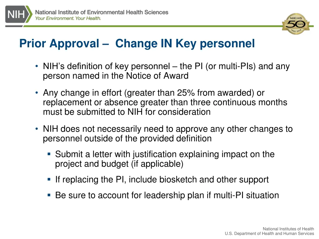 prior approval change in key personnel