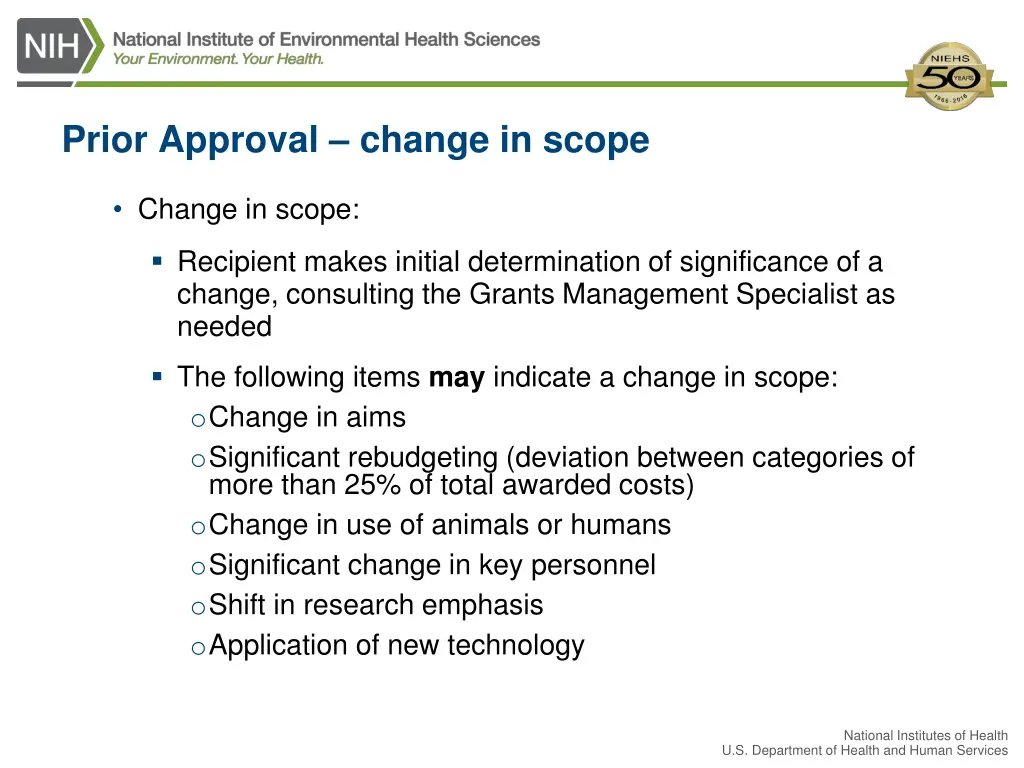 prior approval change in scope