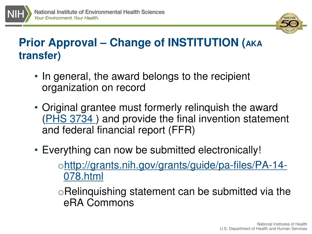 prior approval change of institution aka transfer