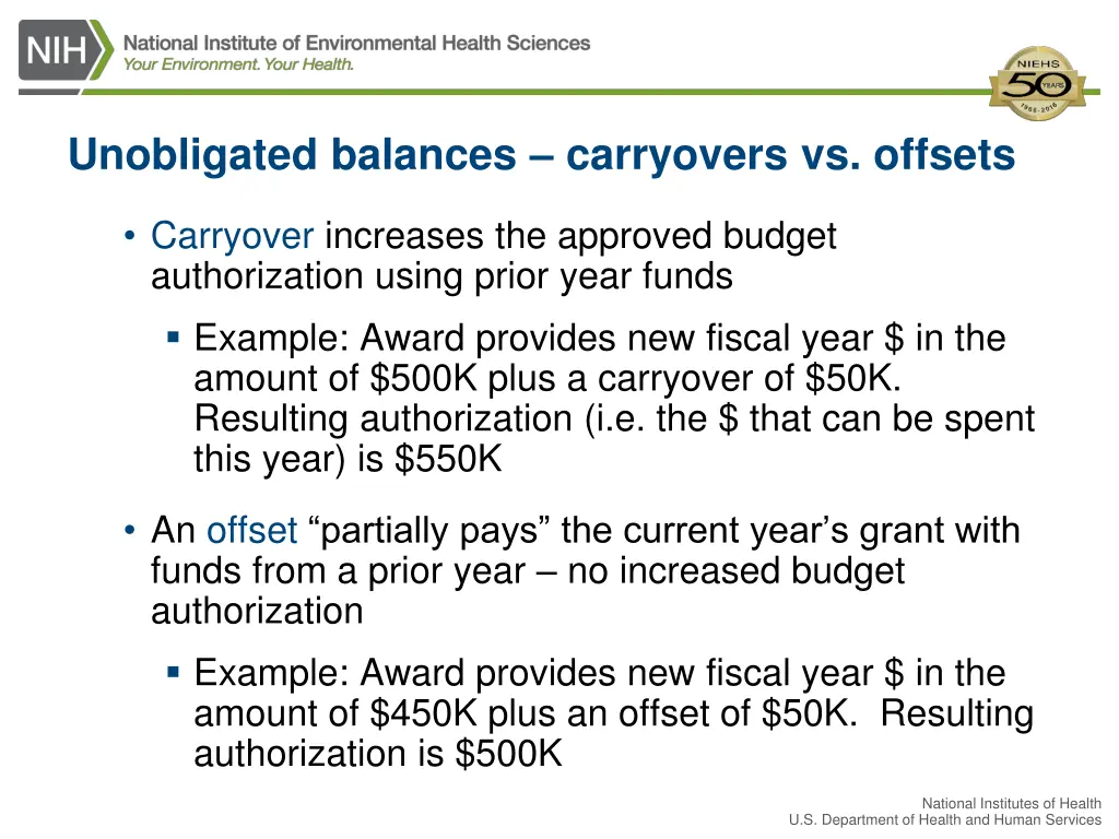 unobligated balances carryovers vs offsets