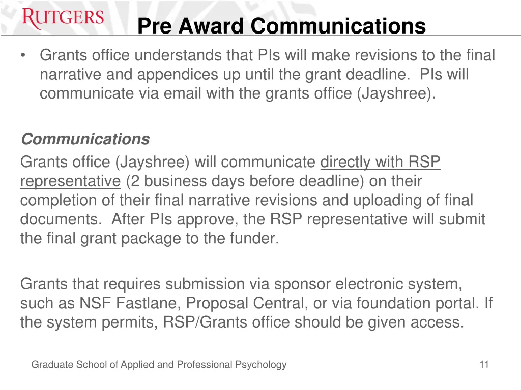 pre award communications grants office