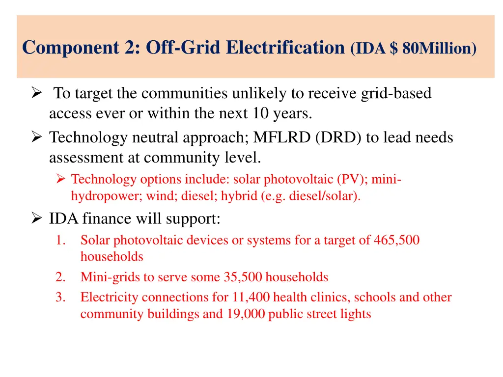 component 2 off grid electrification ida 80million