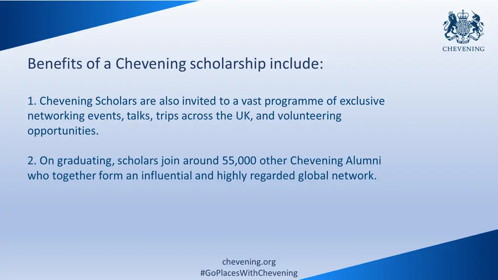 benefits of a chevening scholarship include