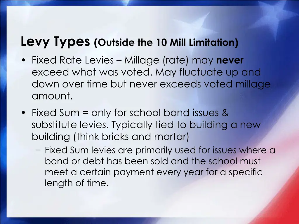 levy types outside the 10 mill limitation fixed