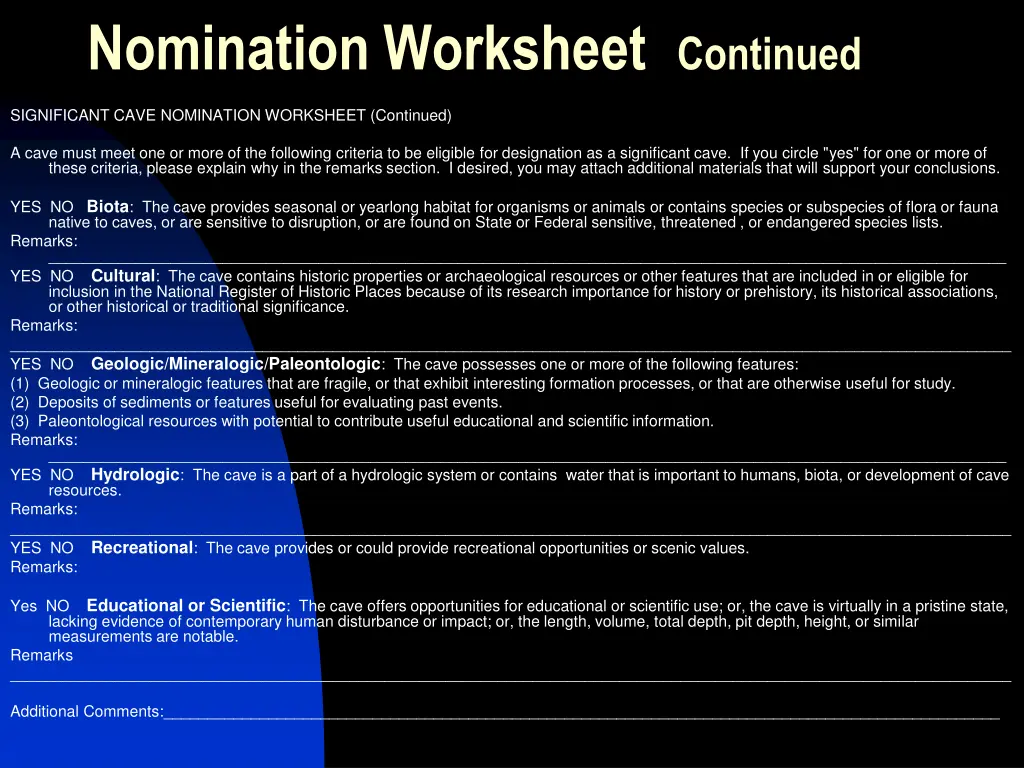 nomination worksheet continued