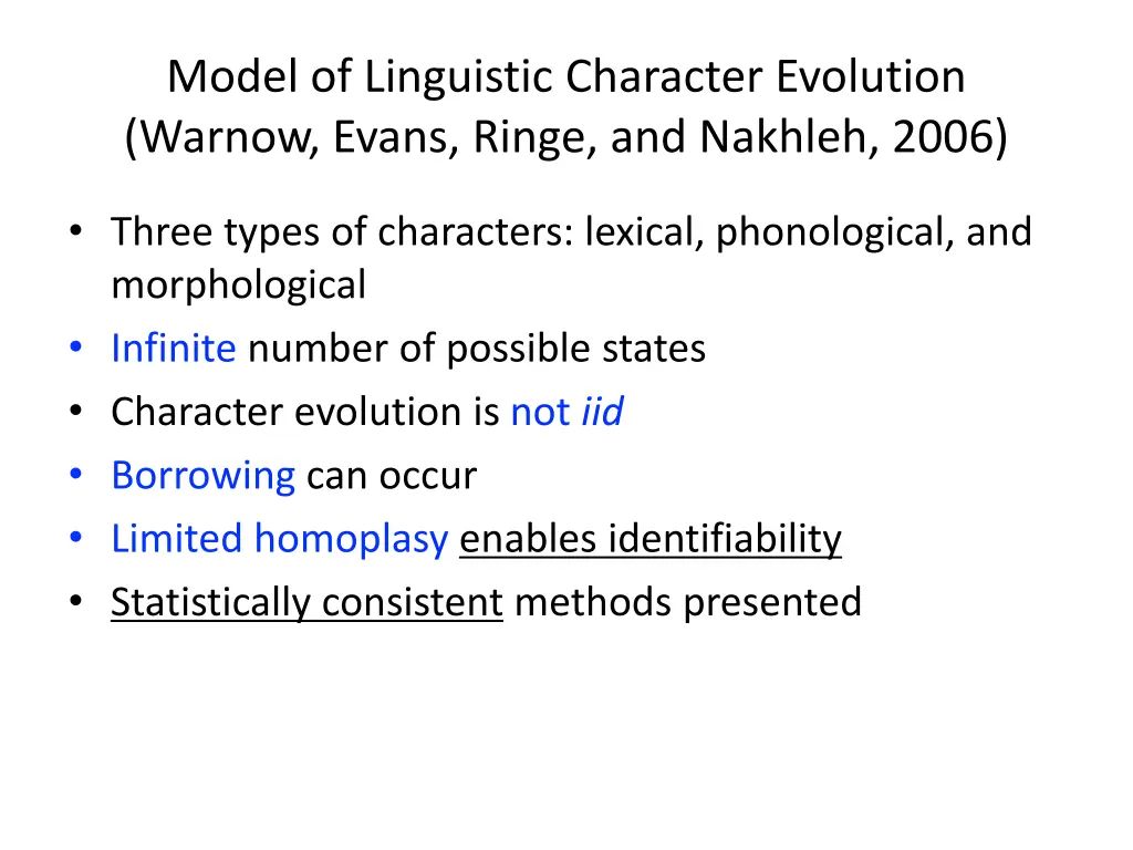 model of linguistic character evolution warnow