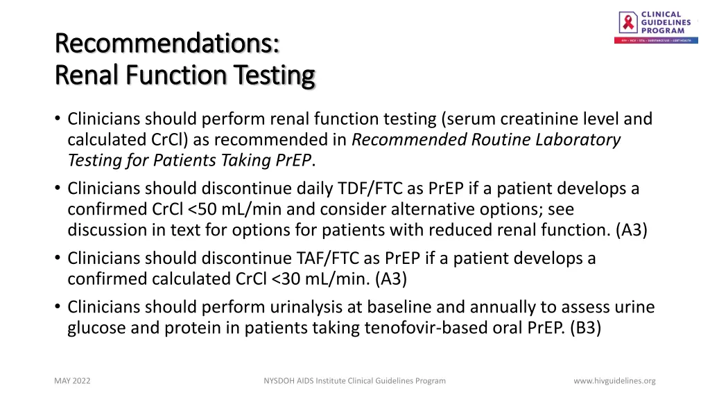 recommendations recommendations renal function