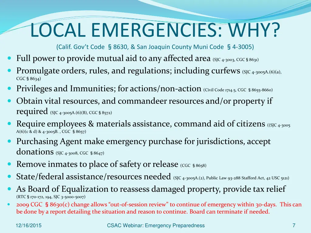 local emergencies why calif gov t code 8630