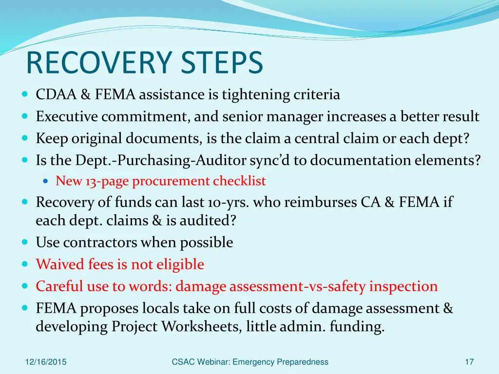 recovery steps cdaa fema assistance is tightening