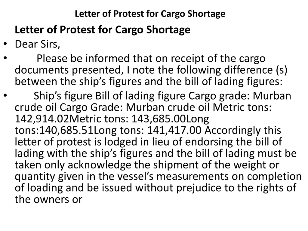 letter of protest for cargo shortage letter