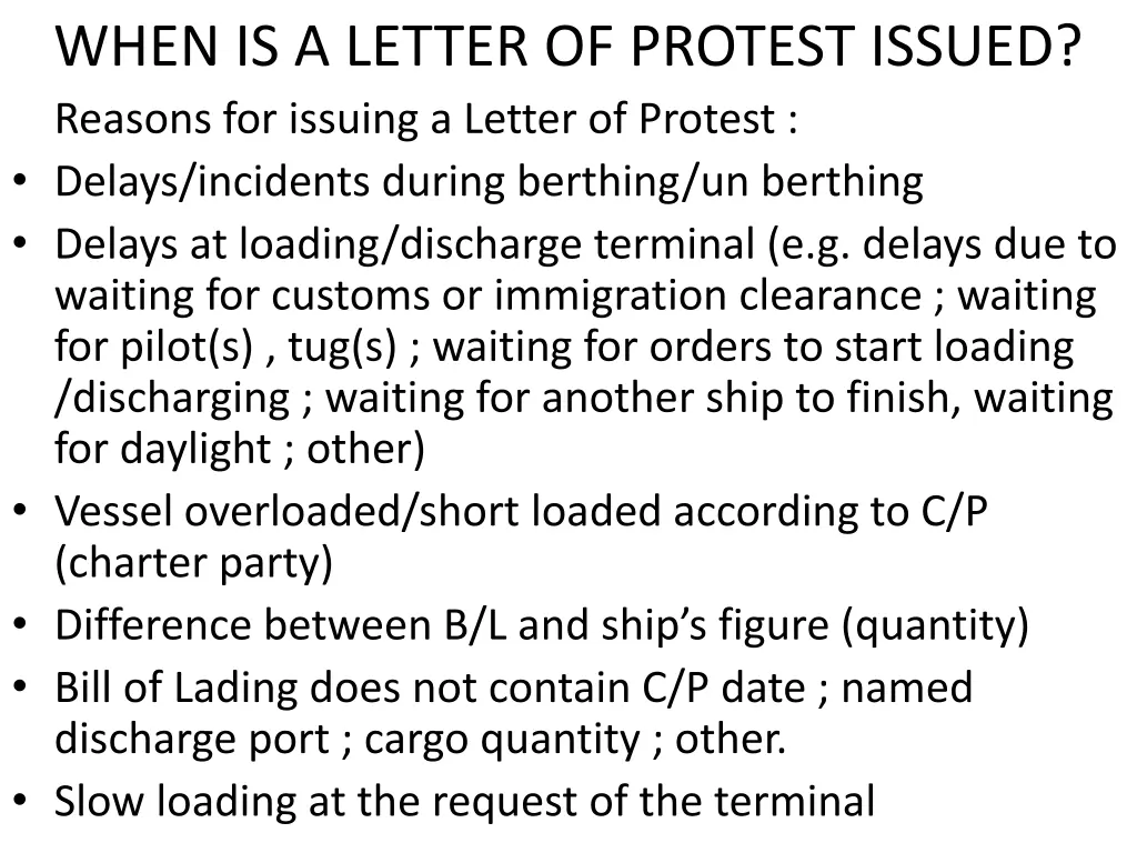 when is a letter of protest issued reasons