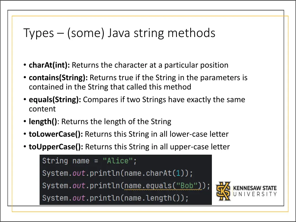 types some java string methods