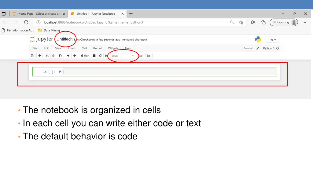 the notebook is organized in cells in each cell