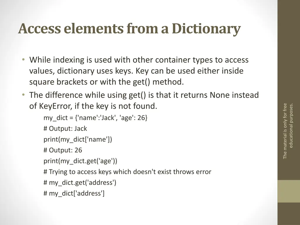 access elements from a dictionary