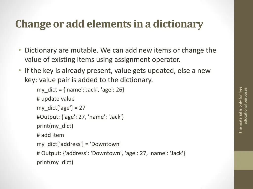 change or add elements in a dictionary