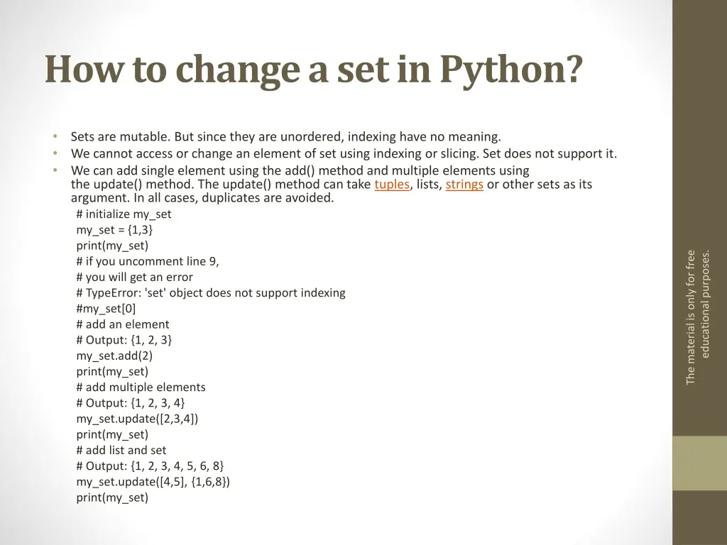 how to change a set in python