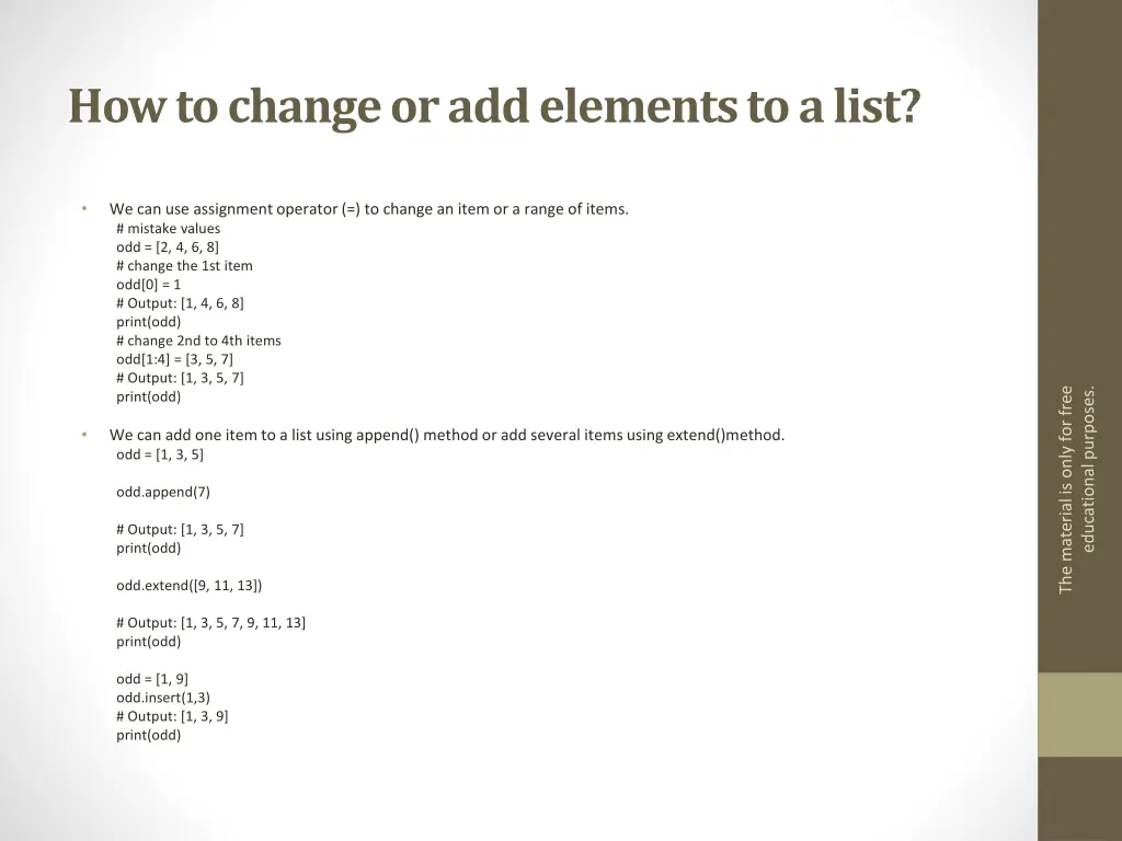 how to change or add elements to a list