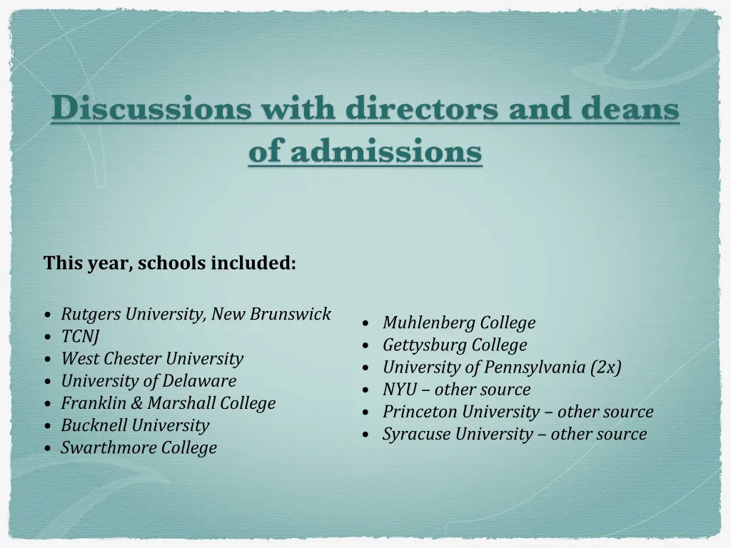 discussions with directors and deans of admissions