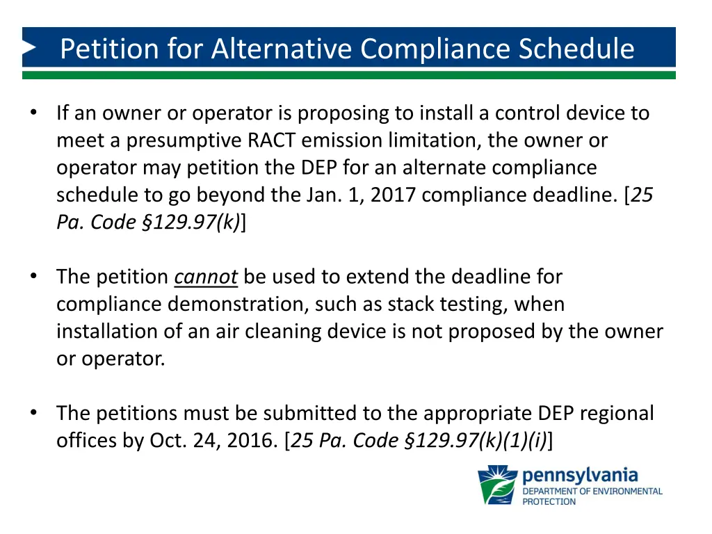 petition for alternative compliance schedule